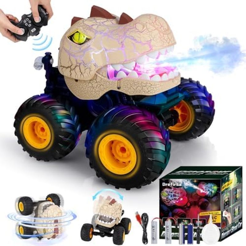 Drefirsa Remote Control Car for Boys Age 4-7 8-12, 50min+ Runtime Dinosaur Monster Truck Toy with Sp