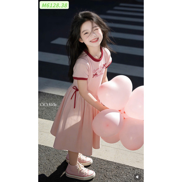 Đầm ngắn tay cotton hồng nơ M6128