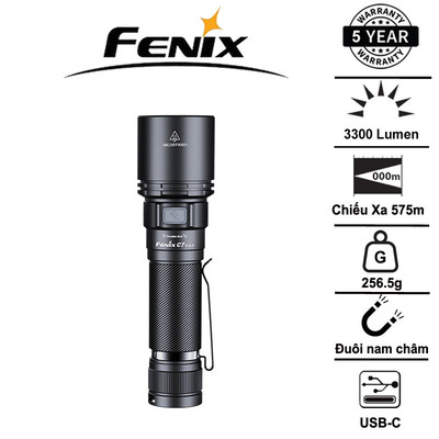 Đèn pin chiếu xa Fenix C7 V2.0 – Sáng 3300 lumen, chiếu xa 575m, pin 21700 sạc USB-C nam châm đuôi