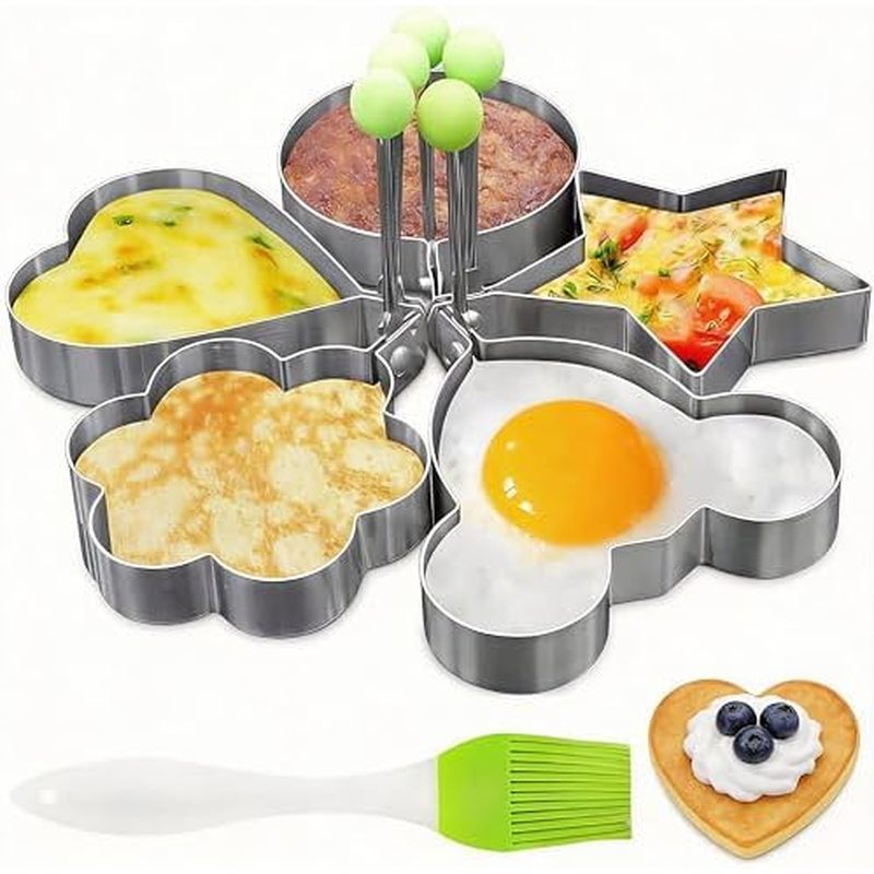 Pancake & Egg Mold Set – 5 Stainless Steel Shapes for Kids Breakfast Non‑Stick Egg Rings for Frying 