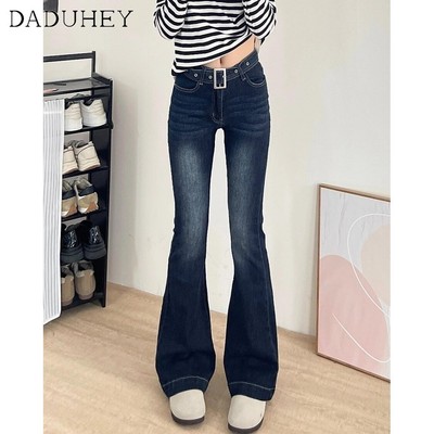 DaDuHey New Women's Jeans Dark Blue Micro Flared Trousers Retro Slim Pants Easy to Match