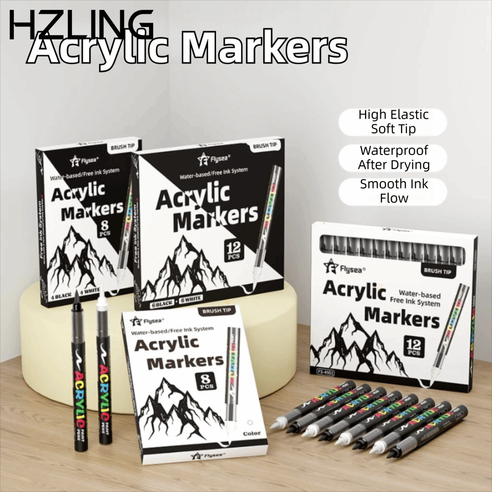 HZLING 8 chiếc Bút đánh dấu sơn Acrylic, Đầu mềm Màu đen trắng Bút đánh dấu mực dung tích lớn, Chống