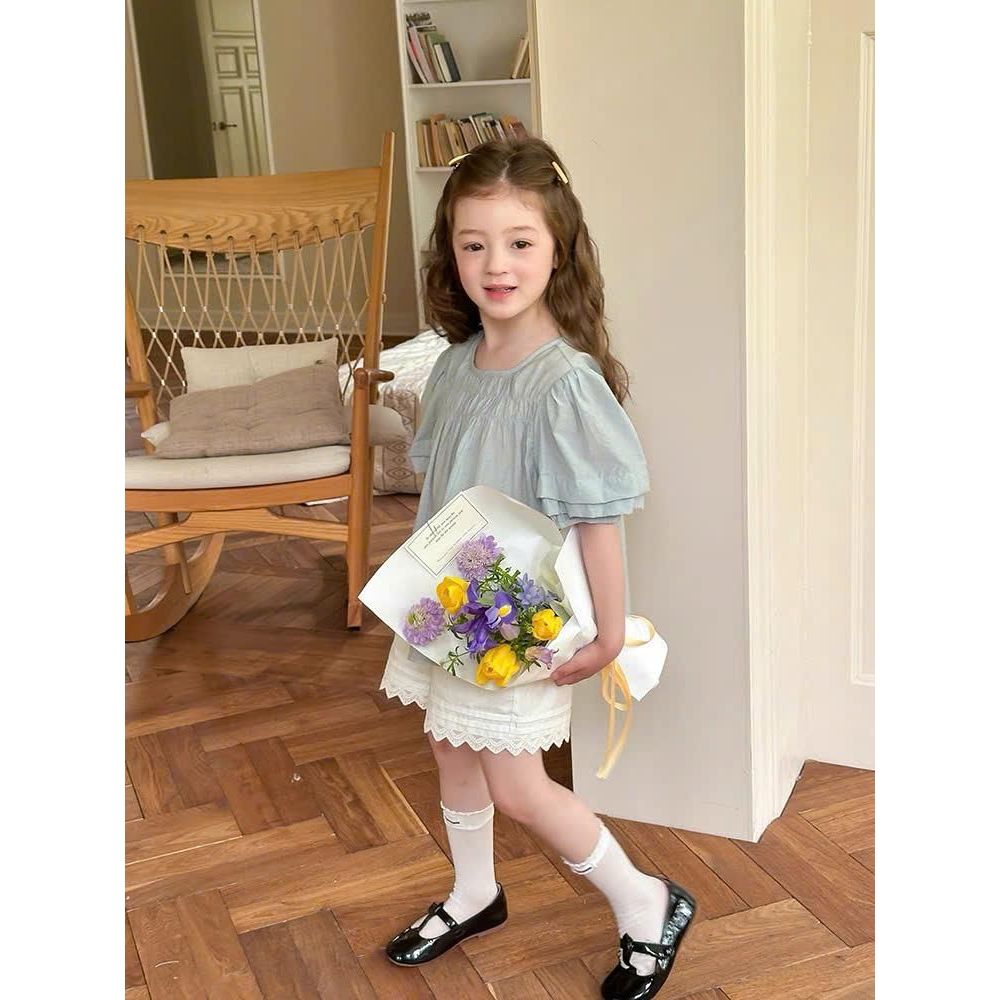 [Coco Tiny] M71 - Set đồ bé gái tiểu thư áo xanh tay bồng + quần short trắng ren xinh xắn cho bé 2-1