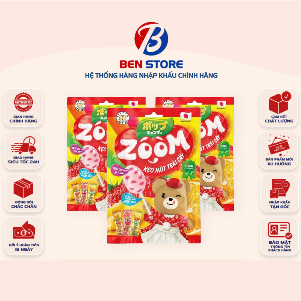 [2 GÓI] Kẹo Mút Trái Cây Zoom Eikodo 72g – Vị Cam, Xoài, Dâu, Que Giấy An Toàn
