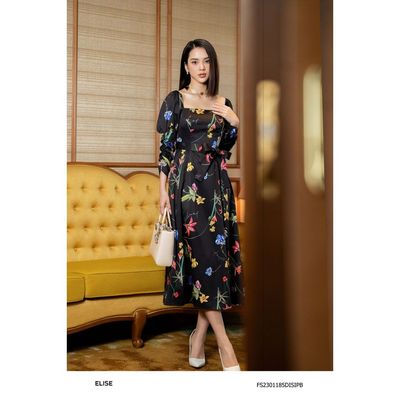 Đầm lụa hoa nền đen cổ vuông thiết kế Elise FS2301185DISIPB