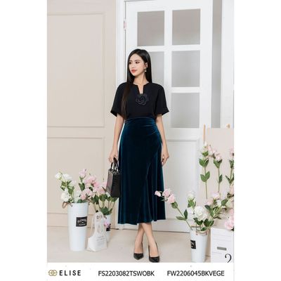 Chân váy nhung xanh rút dây sườn thiết kế Elise FW2206045BKVEGE