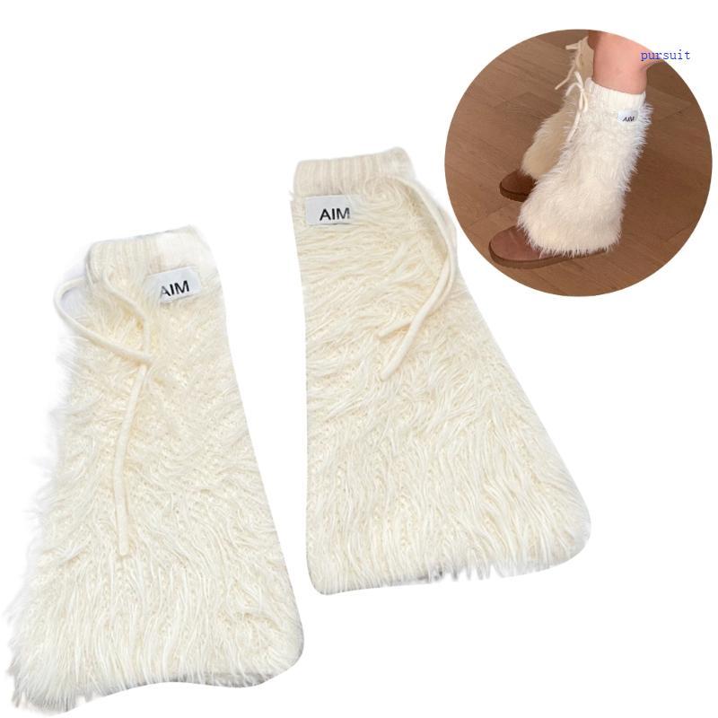 Womens Y2K Girls Winter Furry Leg Warmer wtih Drawstring Furry Plush Boot Cover