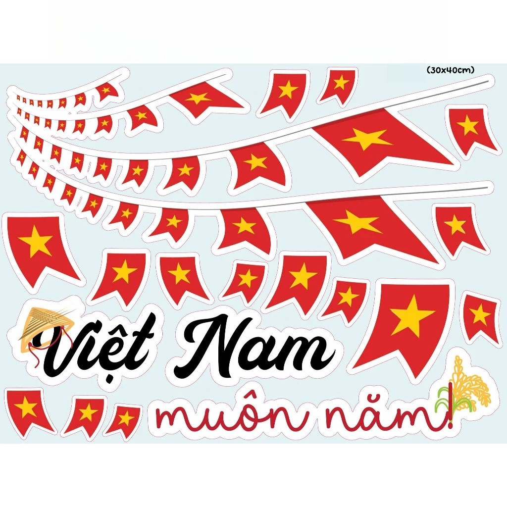 Decal Sticker, Vietnam Flag Bunting, Việt Nam Muôn Năm, Decor Lễ 30/4-1/5, 2/9, Kính, Dán Vở, Dán Mặ