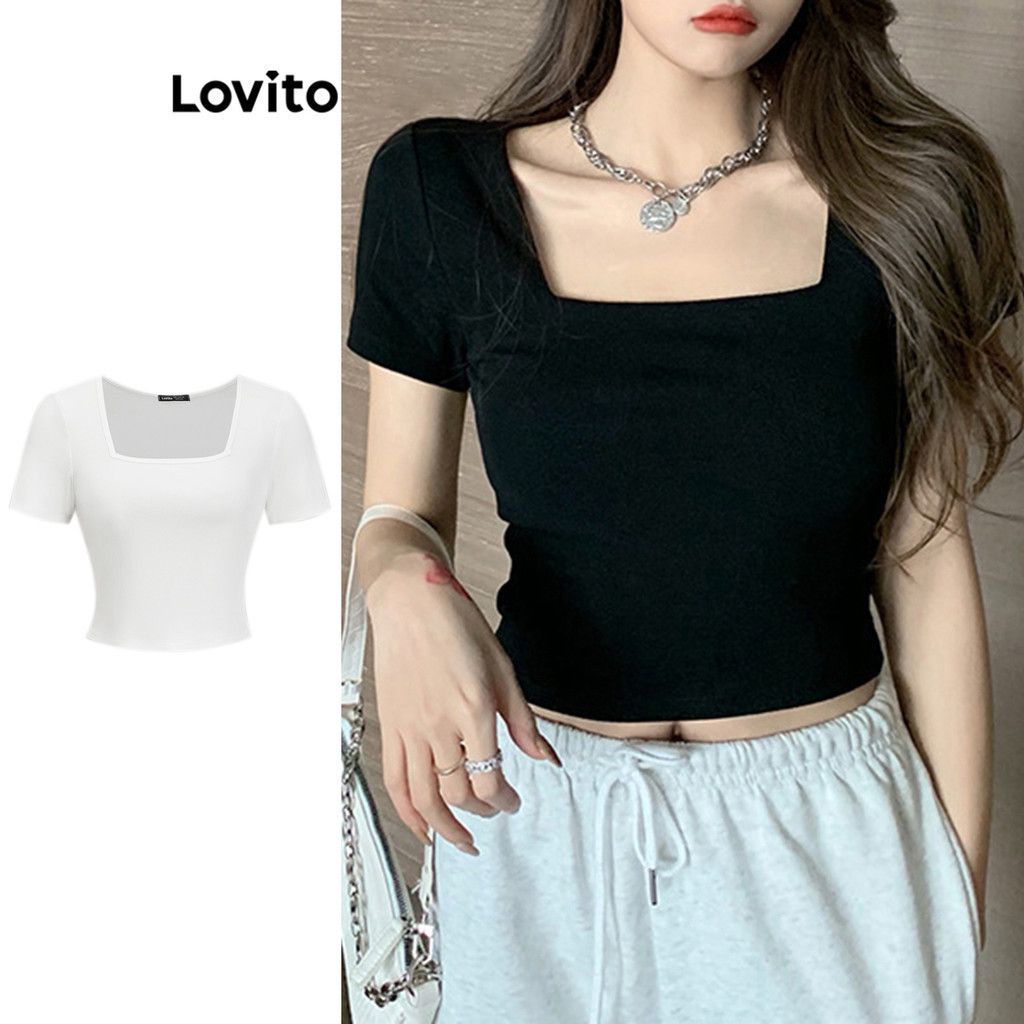 Lovito Áo Thun Trơn Cổ Vuông Đơn Giản Cho Nữ Lne11006 (nhiều Màu)