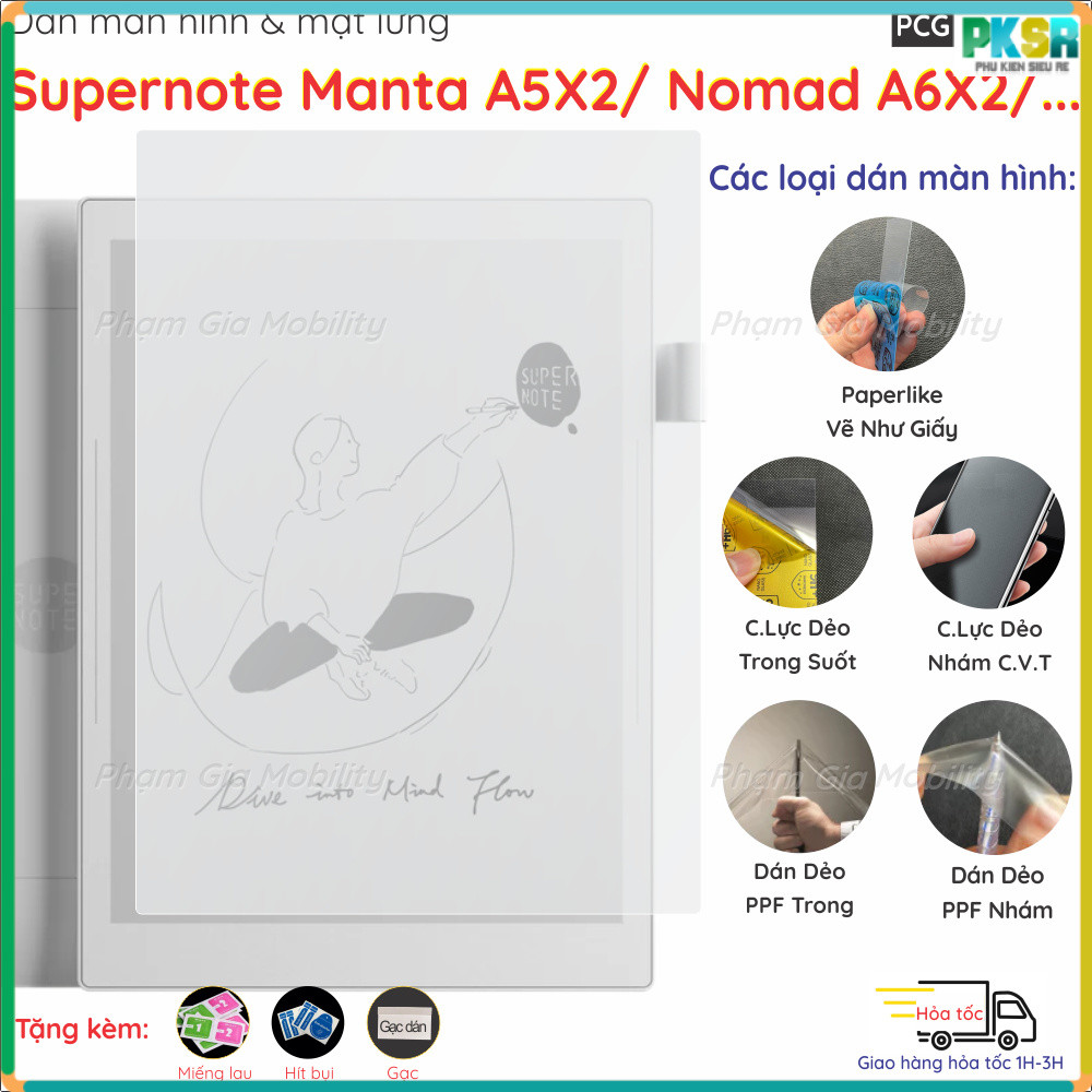Dán màn hình dành cho máy đọc sách, ghi chú Supernote Manta A5X2/ Nomad A6X2 loại PaperLike, PPF, Na