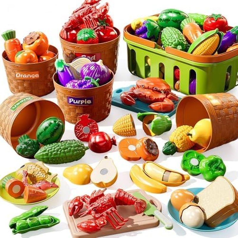 Play Food Set for Kids, Toddler Learning Toys, Cutting Food Toy Color Sorting Set, Pretend Food Play