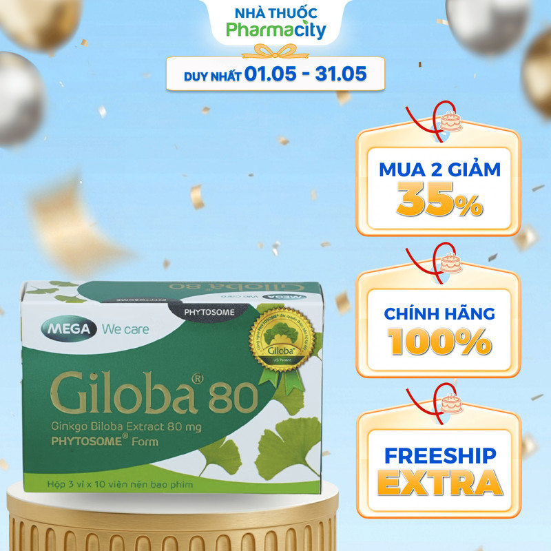 Viên uống Giloba 80 hỗ trợ tăng cường tuần hoàn não (hộp 3 vỉ x 10 viên)
