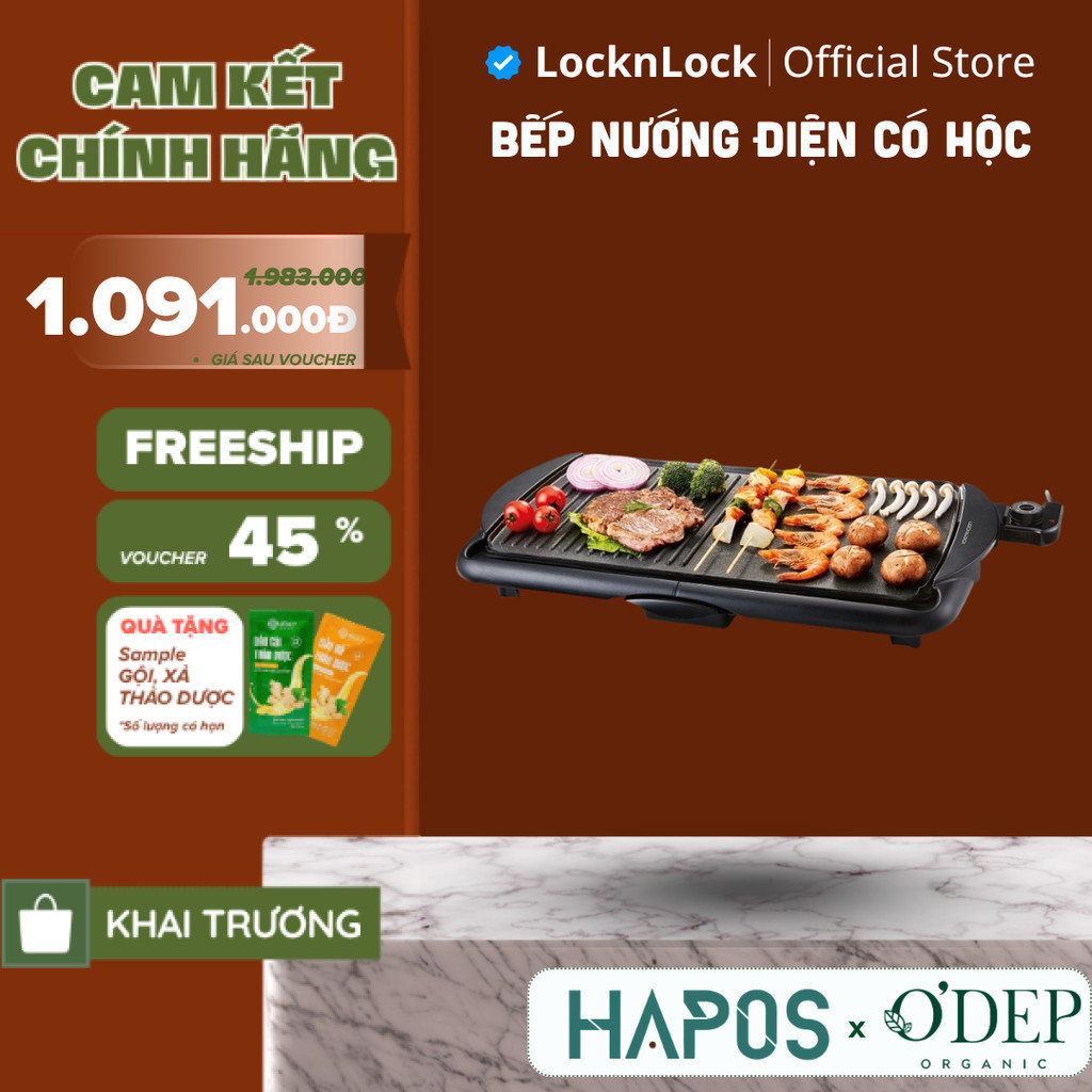 Bếp nướng điện LocknLock EJG221 1300W Chính hãng, làm nóng nhanh, có hộc đựng dầu - HAPOS LOF
