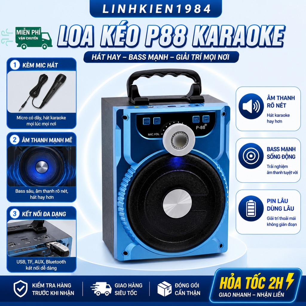 [Hoả Tốc]Loa Kéo Karaoke Bluetooth P88, P89 KIOMIC Âm Thanh Cực Đỉnh Loa Di Động Tiện Lợi-Tặng Micro Music Box