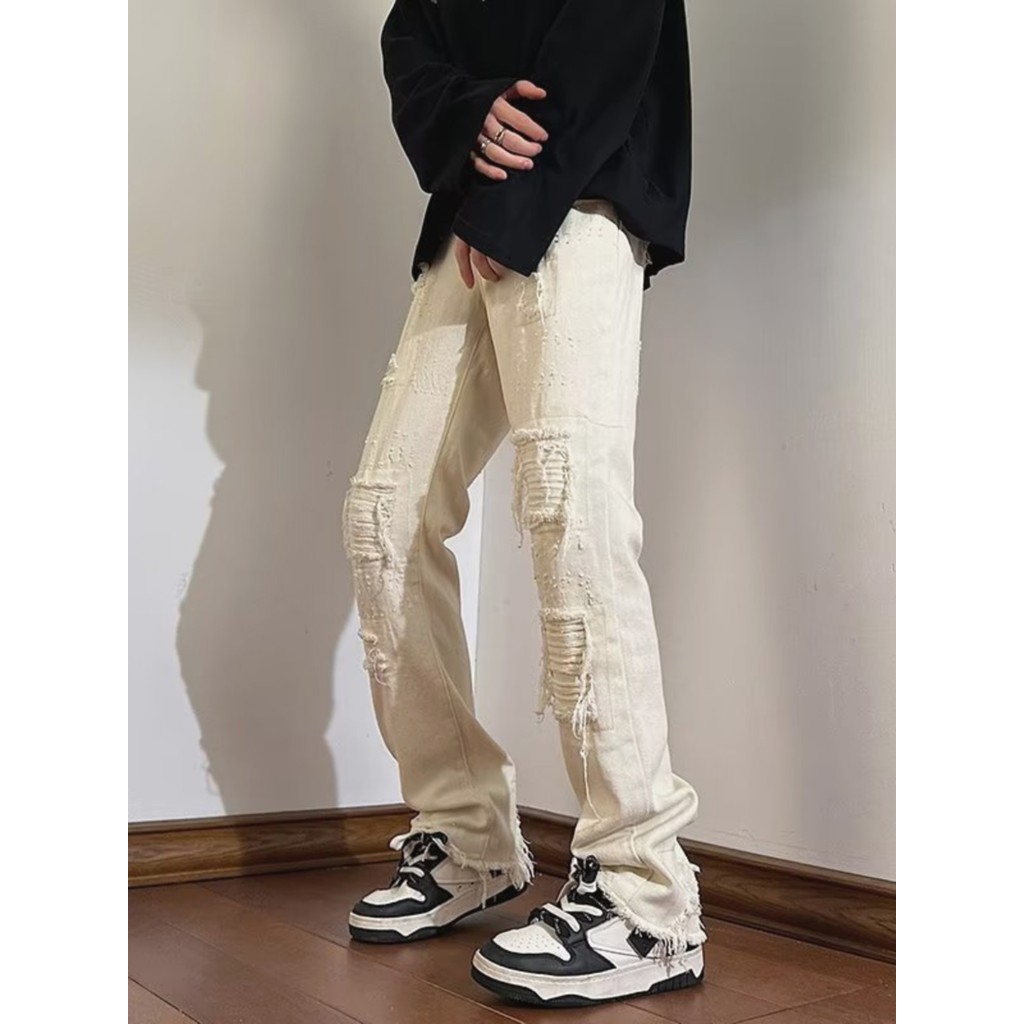 Mỹ High Street vintage Raw Edge Giả Rách Quần Jean Nam Dạo Phố Thu Đông vibe Thẳng Micro-Ripped Quần