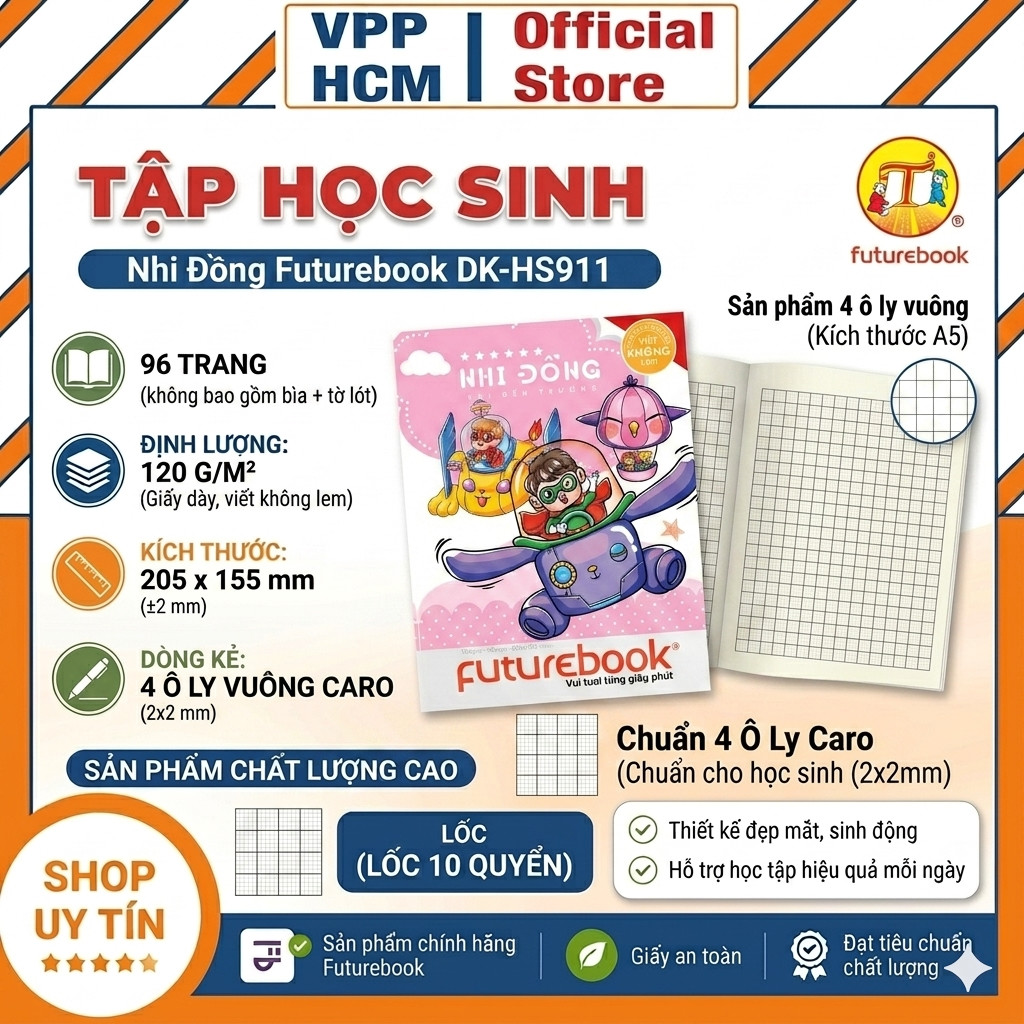 (Lốc 10 Quyển) Tập Vở Học Sinh Futurebook Nhi Đồng 96 Trang – Vở 4 Ô Ly, Giấy Dày 120gsm (DK-HS911)