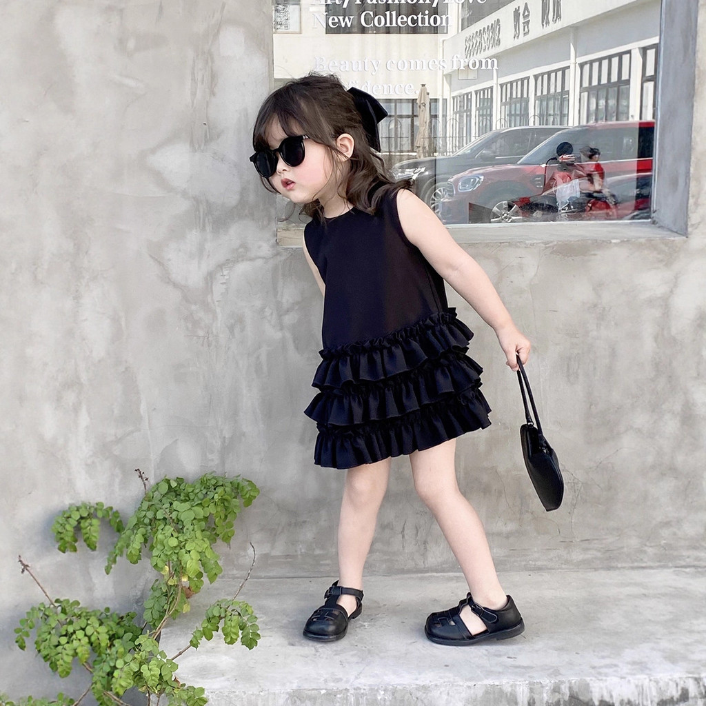 Váy đen cho bé gái, váy hai dây kiểu Hepburn mùa hè, váy đen nhỏ, váy bánh kem thời trang cho trẻ em