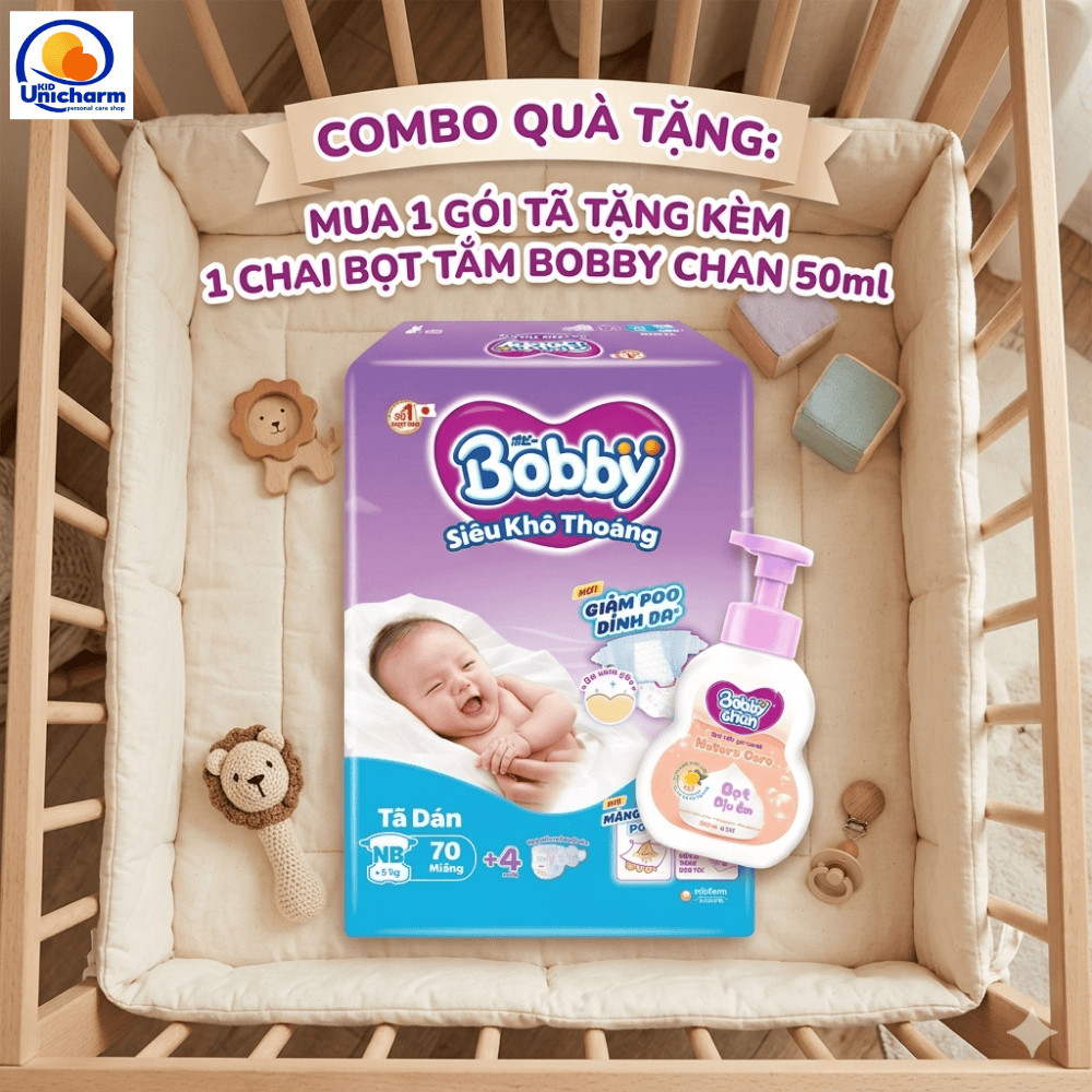 Tã dán sơ sinh dưới 5kg Bobby 70+4 miếng - Tặng kèm sữa tắm Bobby