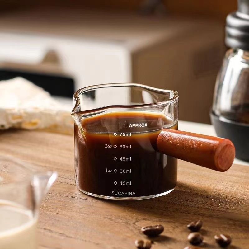 Cốc Cà Phê Cốc Sữa Thủy Tinh Dày Với Cân Ý Chiết Xuất Espresso Cốc Đo Chống Cháy Tay Cầm Bằng Gỗ Oun
