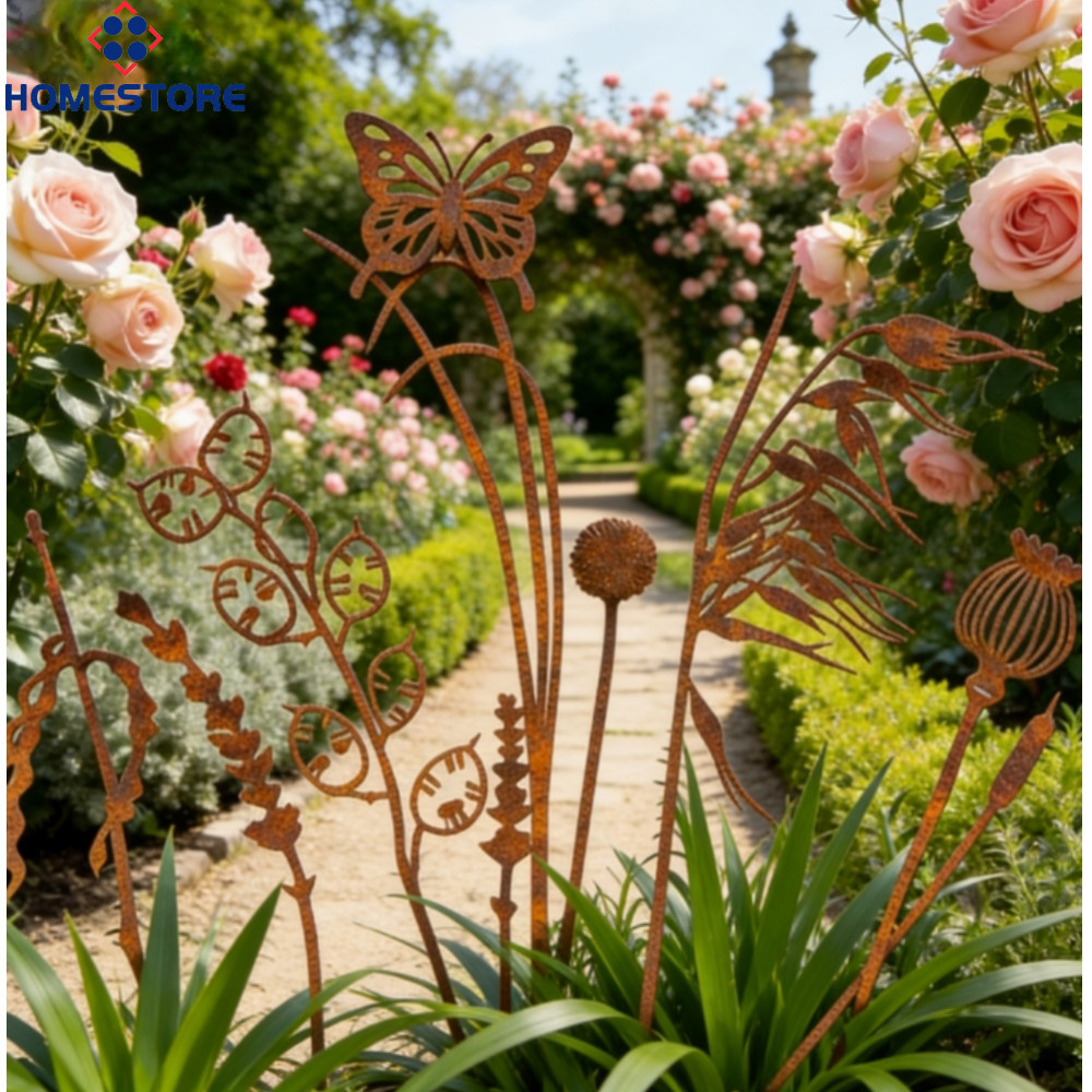[Homestore]Metal Garden Flowers Rust Patina Finish 9 Unique Designs Plug-in Garden Stakes
