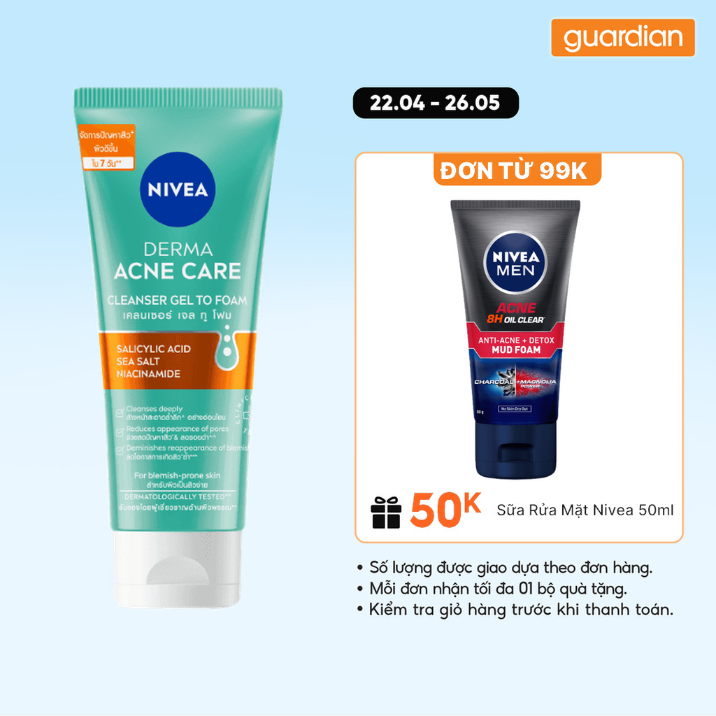 Sữa Rửa Mặt Cho Da Mụn Nivea Derma Acne Care Cleanser Gel To Foam 90g | Guardian Việt Nam