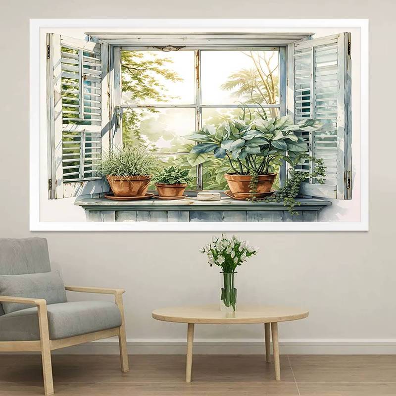 Farmhouse Window View Wall Art Frameless Canvas Chống Thấm Nước Trang Trí Phòng Khách