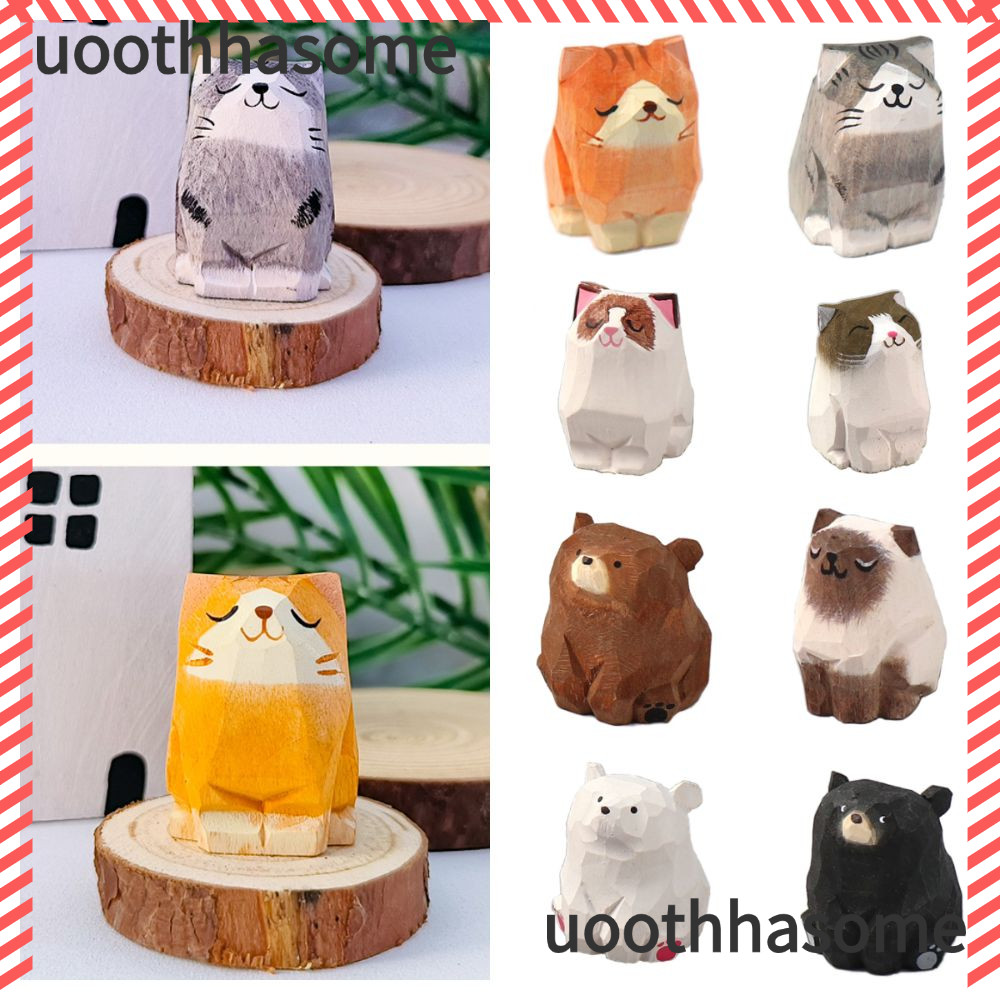 UOOTHASHASOME Gấu Gỗ Tượng, Hoạt Hình Bằng Gỗ Động Vật Khắc Tượng Mèo, Trang Trí Nhà Cửa Nghệ Thuật 