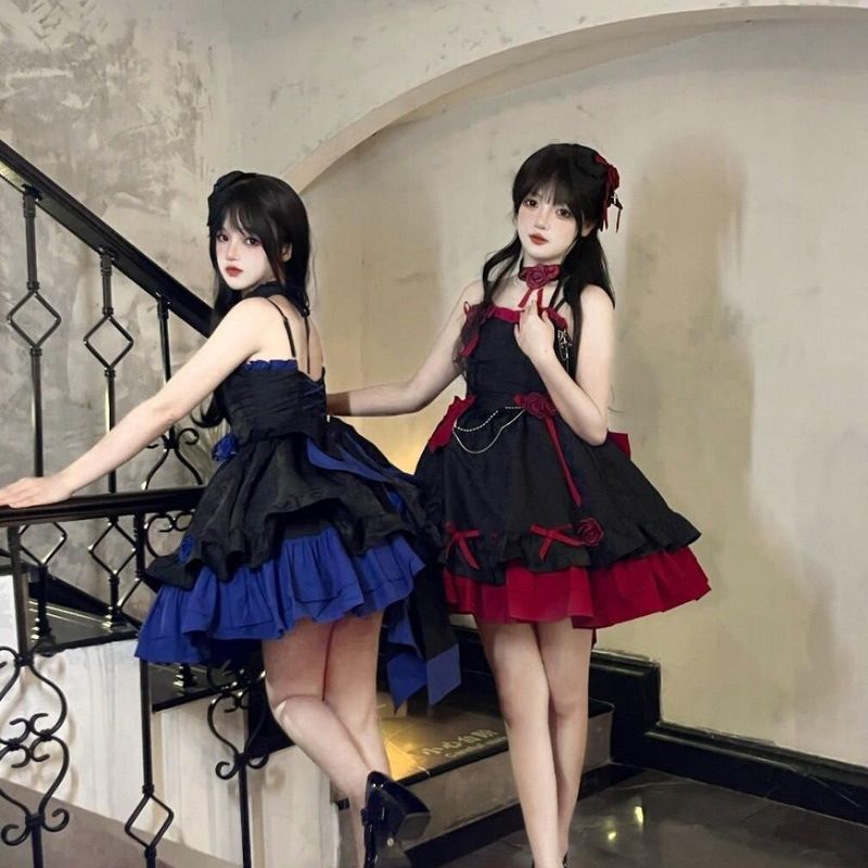 Đen Đỏ Đen Xanh Gothic Phong Cách lolita Đầm jsk Lãng Mạn Đầm lolita Lông Tơ Kéo Dài Đầm Công Chúa