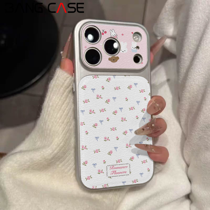 Leather Texture Electroplated Phone Case for IPhone 17 16 15 14 13 12 11 Pro Max Xs Max Pink Flowers