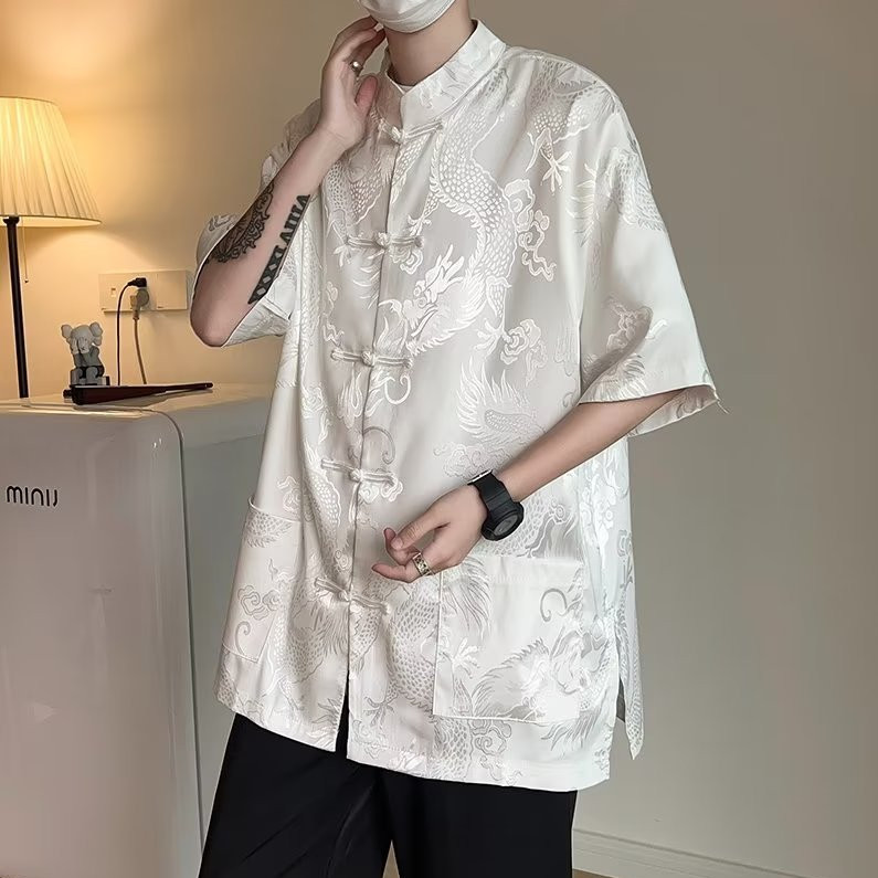 Áo sơ mi ngắn tay 2026 trung tính nam Trung Quốc áo sơ mi baju phong cách Trung Quốc lelaki Trung Qu