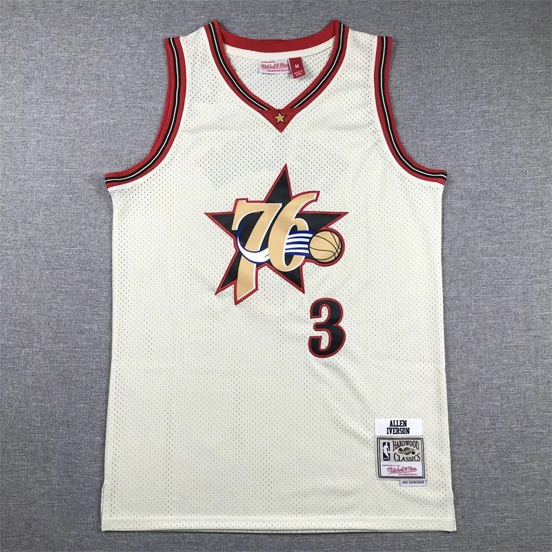Áo đấu Jersey Philadelphia 76ers Allen Iverson 2024 - Số 3 & 76 - Kem Trắng Lưới Thể Thao Retro