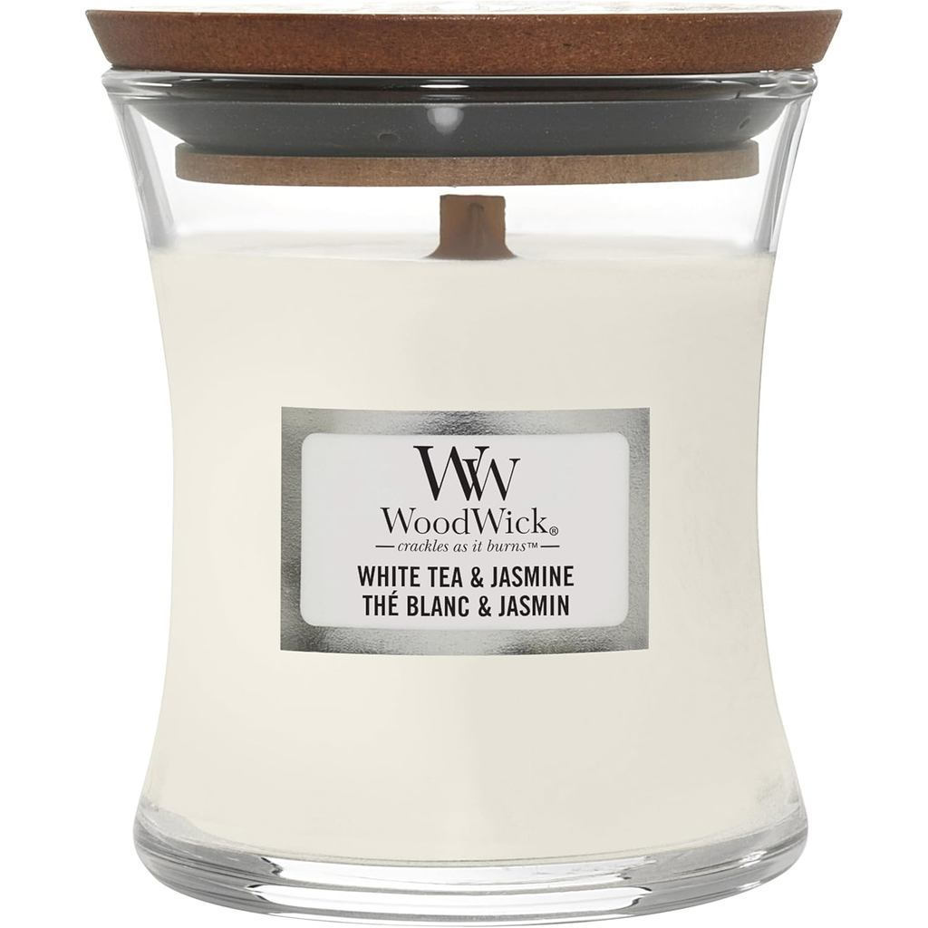 WoodWickScentedCandle có vết nứt|Nến đồng hồ cát Mini Tea & Jaine|Thời gian đốt cháy lên đến 20 giờ|