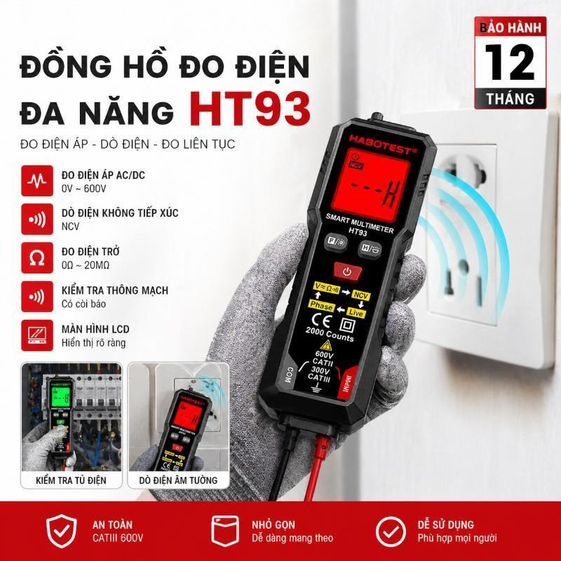 Đồng Hồ Vạn Năng Số HT93 Đo AC/DC TRMS 2000 Count Tự Động NCV Kiểm Tra Dây Dẫn