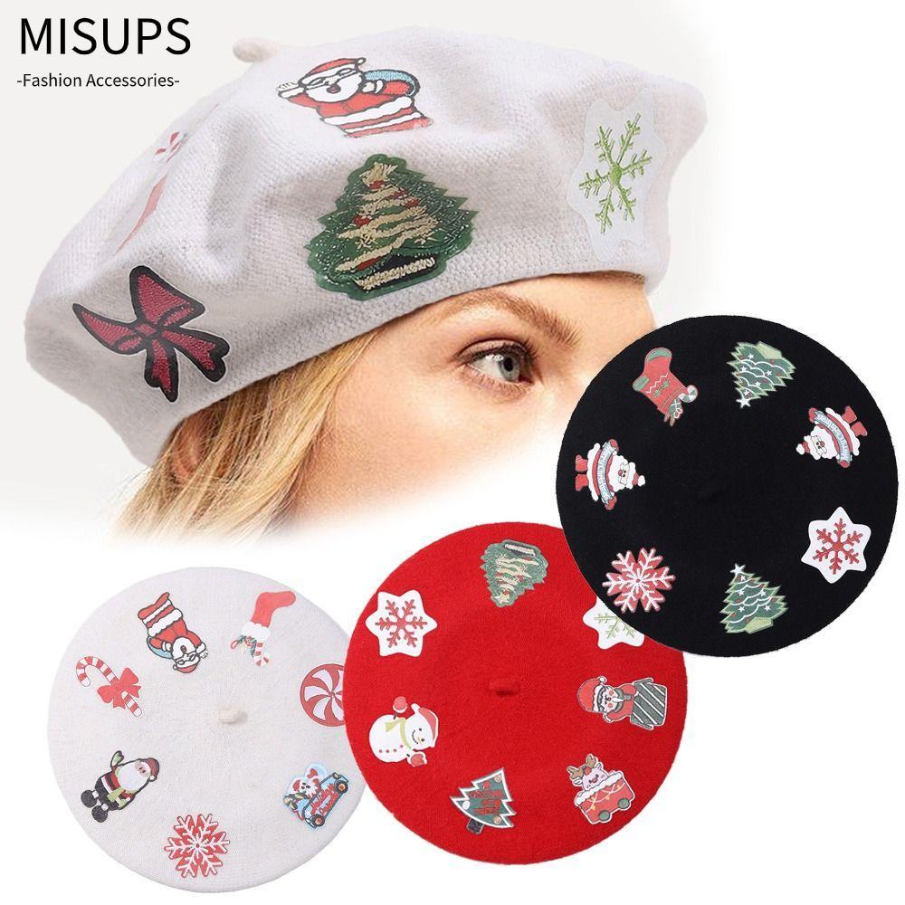 Mũ nồi len MISUPS, Mũ nồi tròn Baggy Beanie, Mũ nồi nỉ ấm áp Giáng sinh mùa đông Mũ nồi phẳng cho nữ