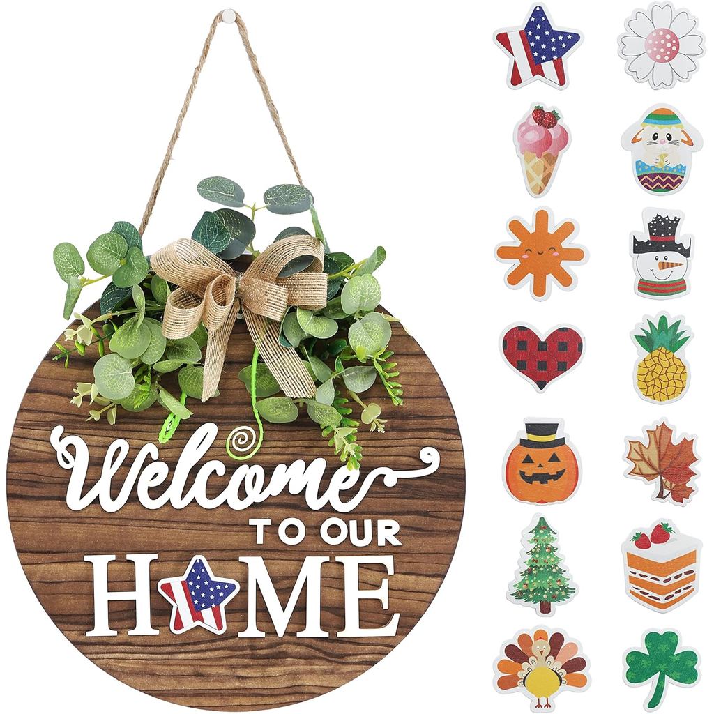 Có thể hoán đổi cho nhauSeasonalWelcomeSignFrontDoorDecor, RusticRoundWoodWreathWalhangingOutdoor, F
