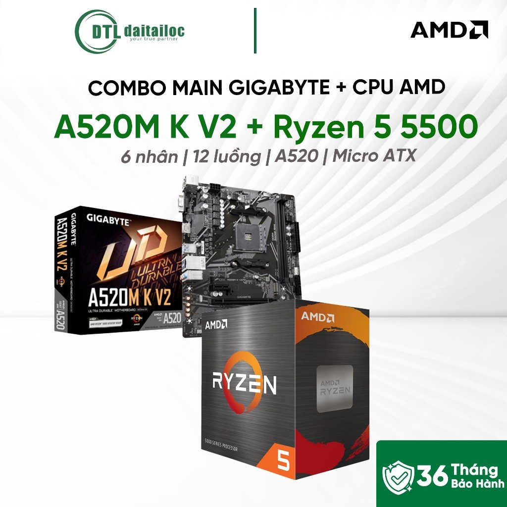 COMBO AMD AM4 MAIN GIGABYTE A520M K V2 + CPU Ryzen 5 5500 | Chính Hãng | Bảo Hành 36 Tháng