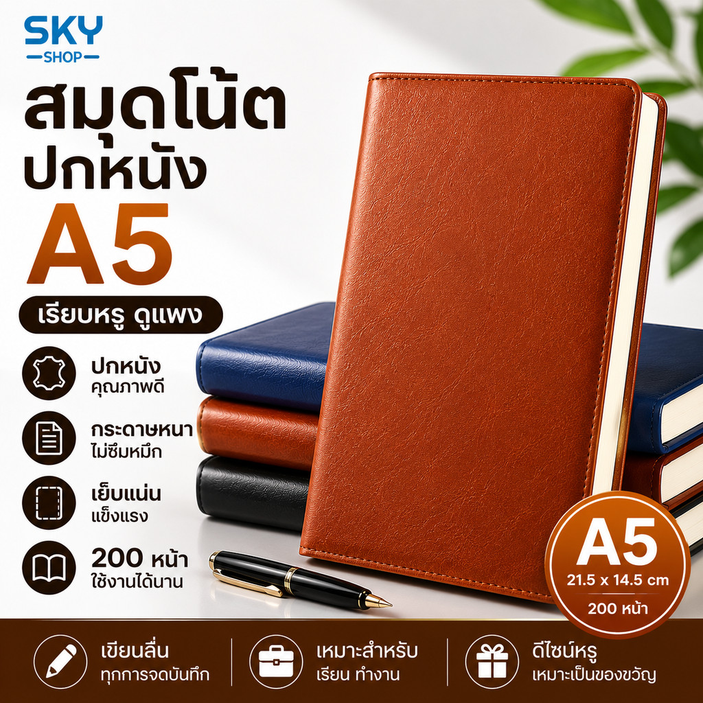 SKY A5 Notebook Bao Da 200 Trang Giấy Dày Viết Mịn Không Gập Nhật Ký Đơn Giản Và Thanh Lịch A5