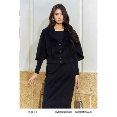 Áo khoác dạ lông cừu đen tay cape thiết kế Elise mã FW2307247OCWLBK