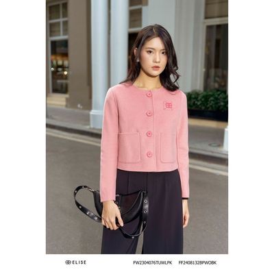 Áo vest dạ lông cừu hồng cổ tròn thiết kế Elise FW2304076TUWLPK