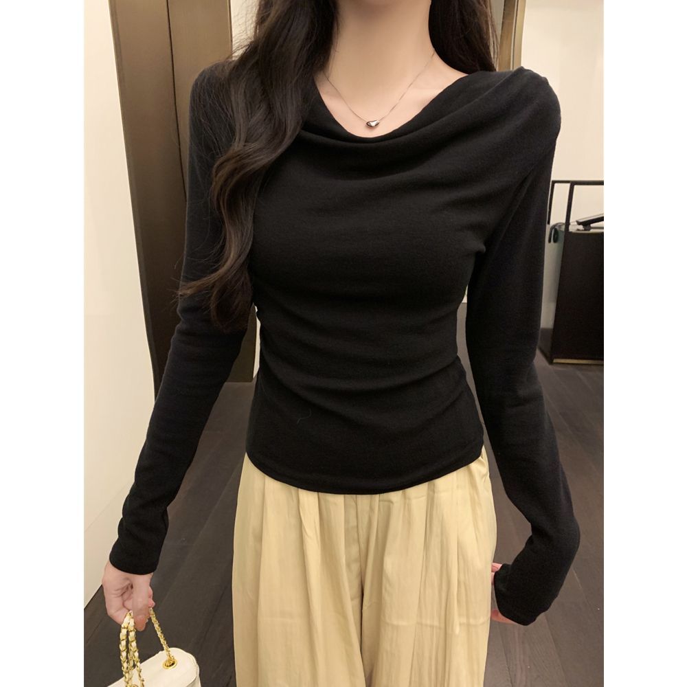 ELOF728 #Real Shot Real Price 1 * 1 Ren Nhung Đức 270g Cổ Xoay Nữ Áo Thun Dài Tay Một Vai Slim @ -