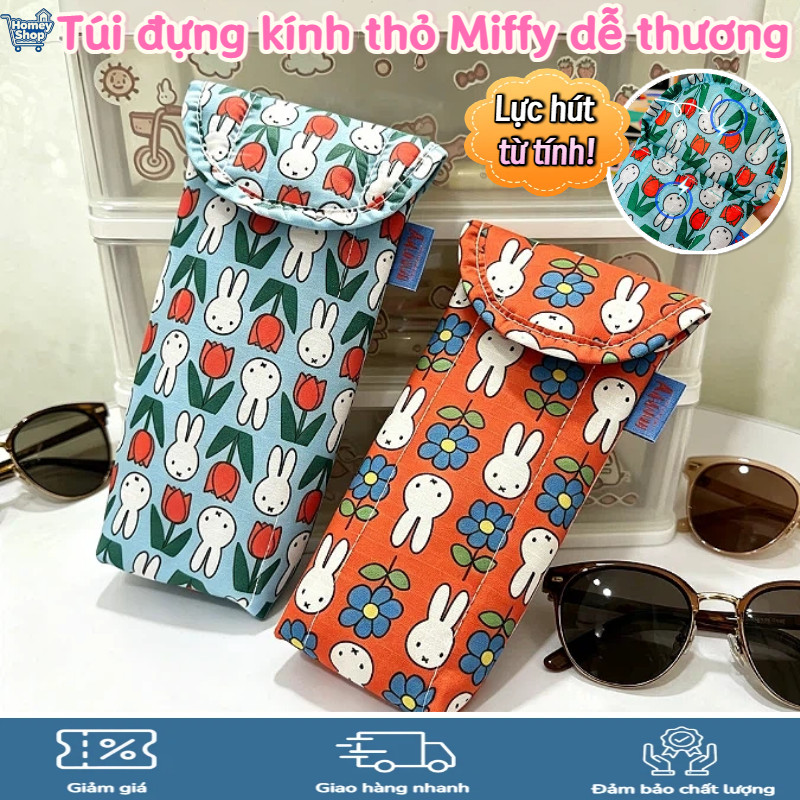 HomeyShop-Túi đựng kính thỏ Miffy dễ thương,vải cotton bảo vệ kính râm, khóa từ tính di động tiện lợ