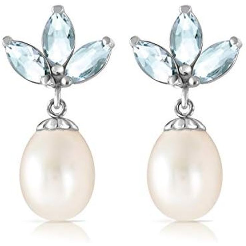 Galaxy Gold GG 14K Solid Gold Freshwater Pearl and Aquamarine Drop Earrings for Women - 9.50 Carat B