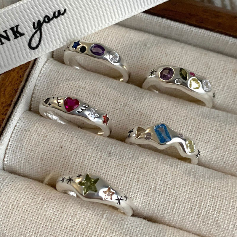 【Ready Stock】 Korean Fashion Colored Loving Heart Zircon Silver Ring Female Fashionable Temperament 
