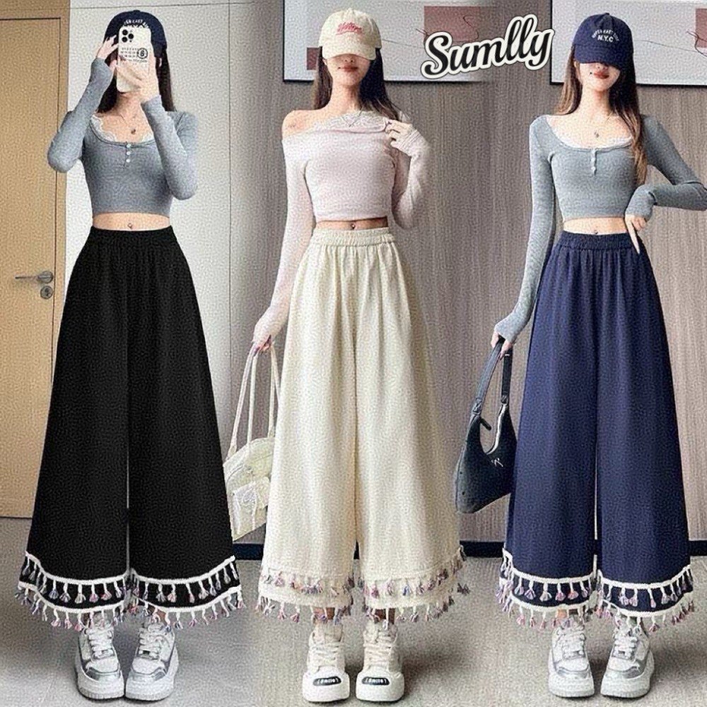 Quần ống rộng nữ kiểu Hàn Quốc mới, có tua rua, dáng suông lửng, cạp cao, thích hợp cho mùa hè.