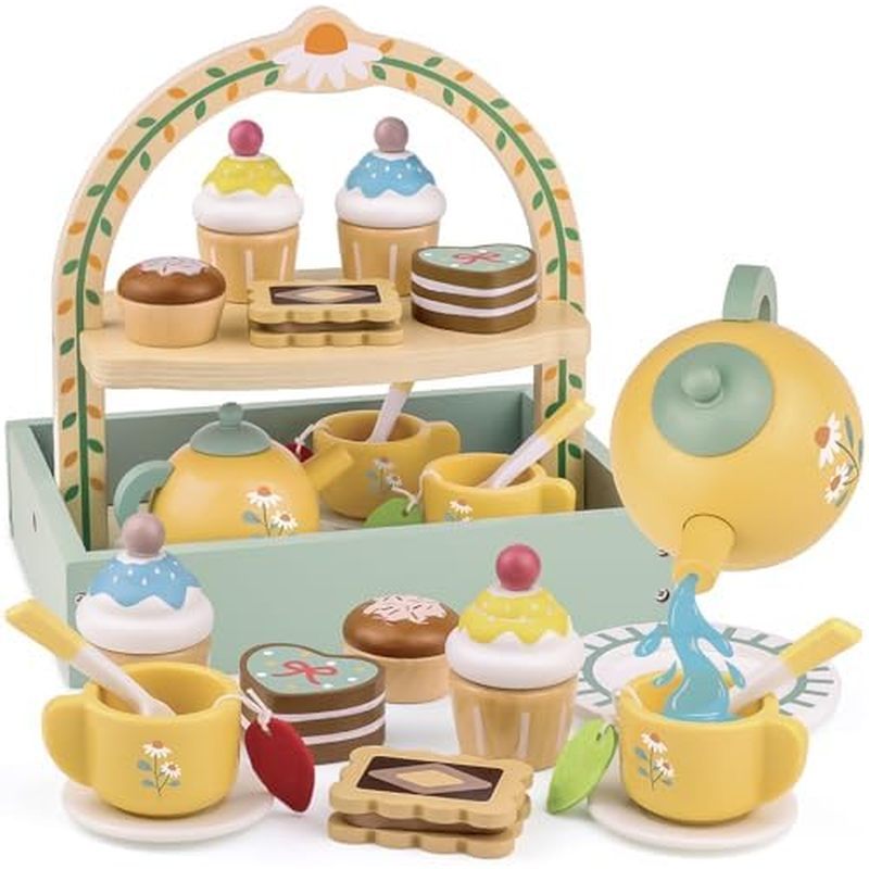 Wooden Tea Set for Little Girls Play Food Pretend Play Kitchen Accessories for 3 4 5 Years Old Girls