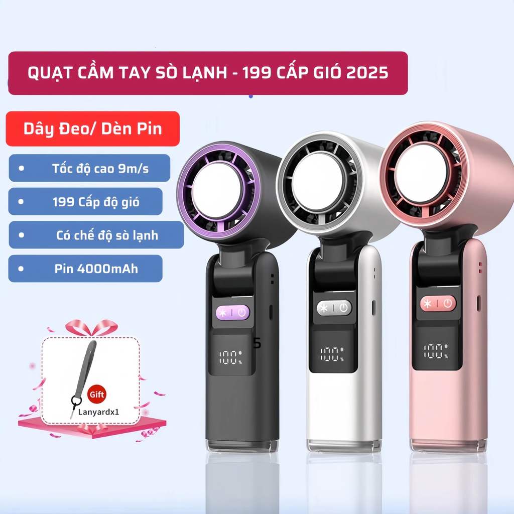 Quạt Cầm Tay Mini Sò Lạnh  Dung Lượng 4000mAh Làm Mát Sò Lạnh 100 Tốc Độ Gió Gấp Gọn 90 Độ Tặng Kèm Dây Đeo
