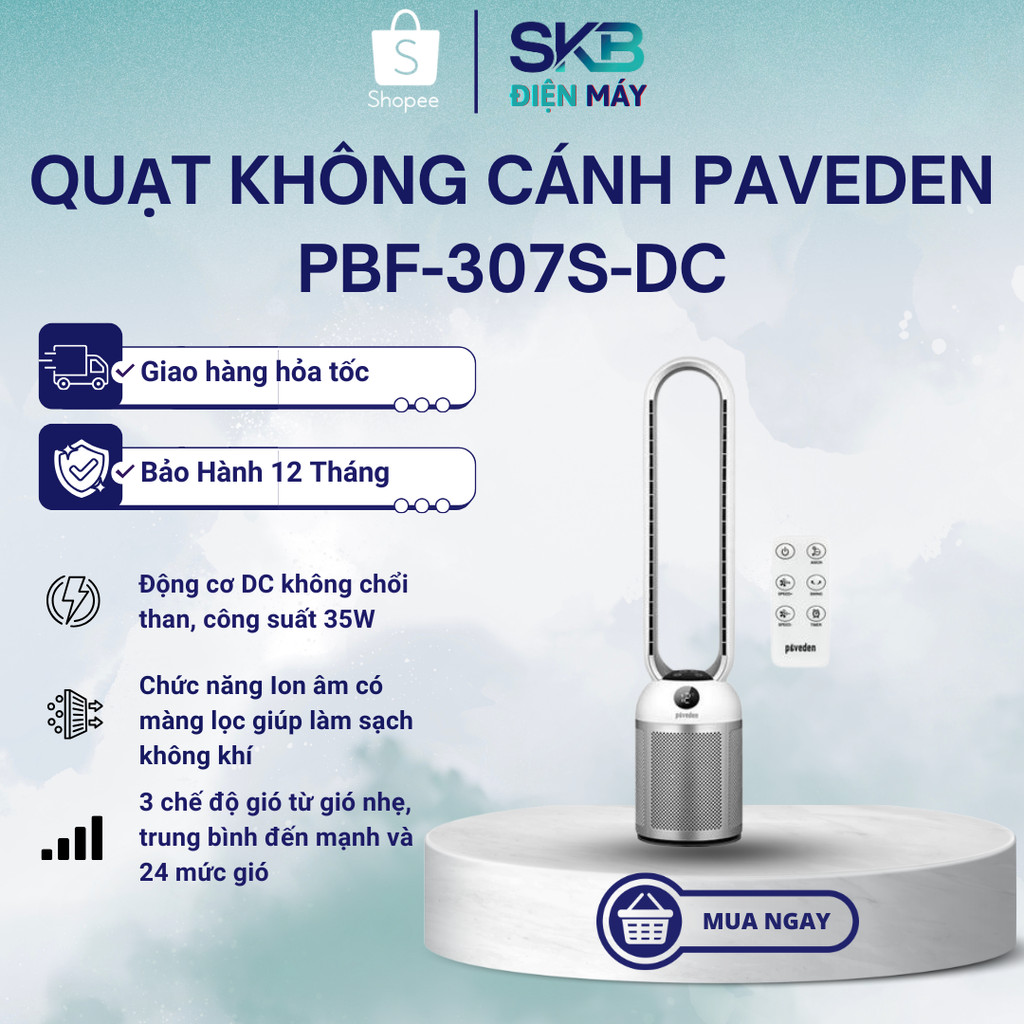 Quạt Không Cánh Paveden PBF-307S-DC - 24 mức gió - Chế độ hẹn giờ đến 12 giờ - Bảo Hành 12 Tháng