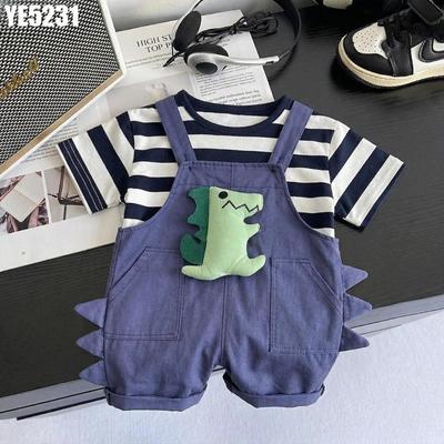 Set Yếm Quần Short Bé Trai In Hình Khủng Long 3D Phối Áo Thun Kẻ Sọc MINTSCLOSET YE5231
