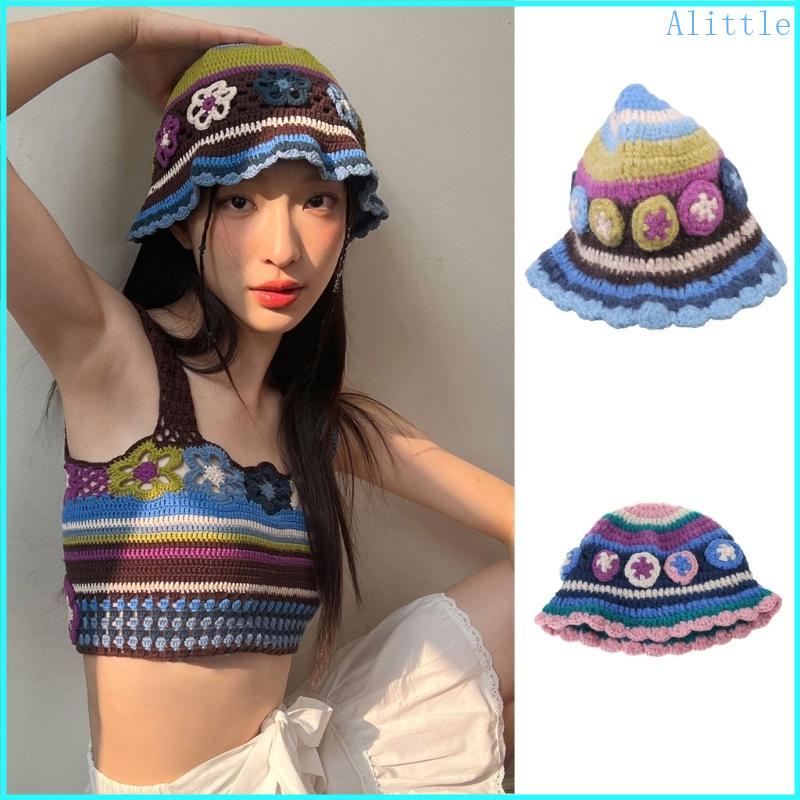 Alia Nữ Đan Mũ Xô Sọc Hoa Móc Áo Khoác Mũ Dệt Kim Beanies Mũ