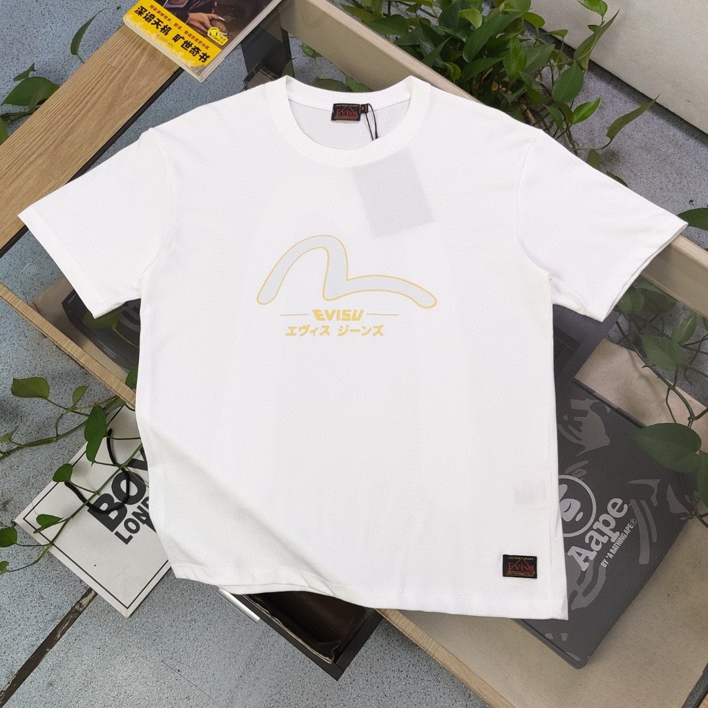 EVISU/Fukui 2026 Áo thun ngắn tay cổ tròn nam nữ, 100% cotton, in logo đồng thương hiệu, thoáng khí,